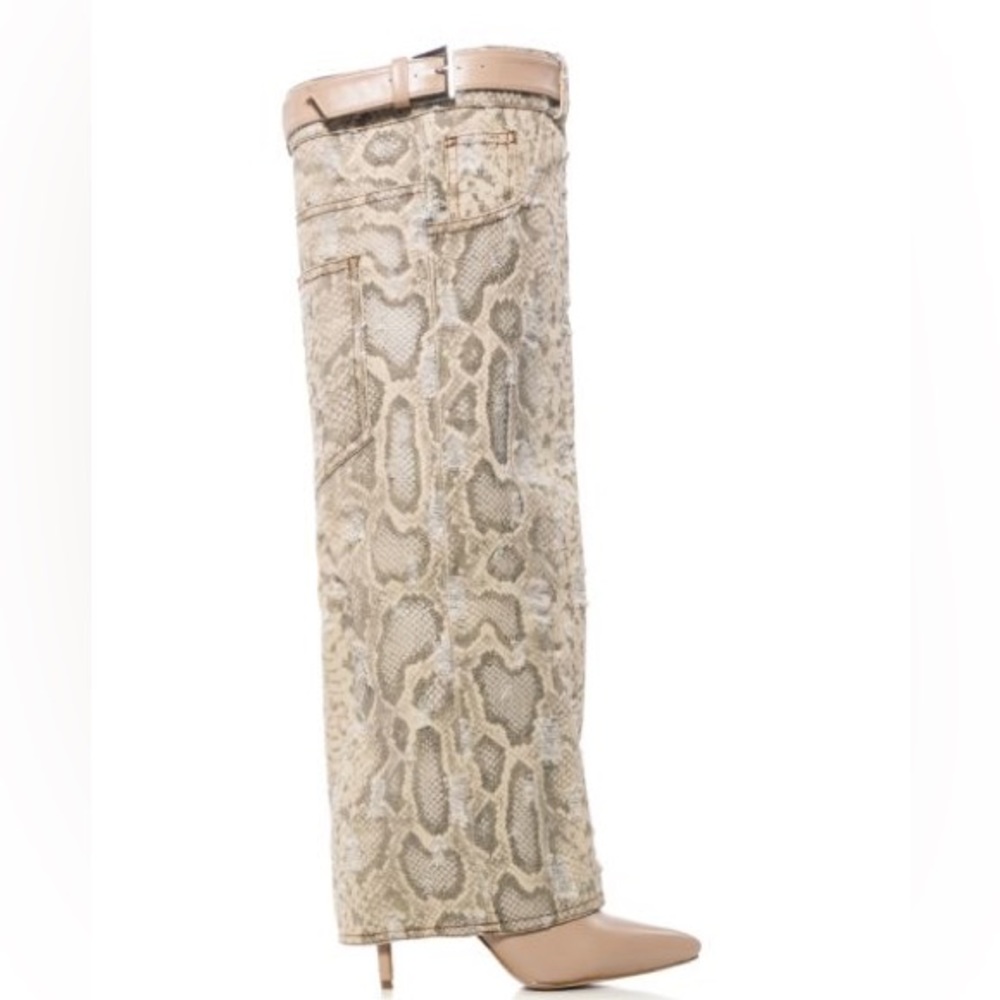 AZALEA WANG Tan Snakeskin Print Over The Knee Boots - Picture 4 of 4